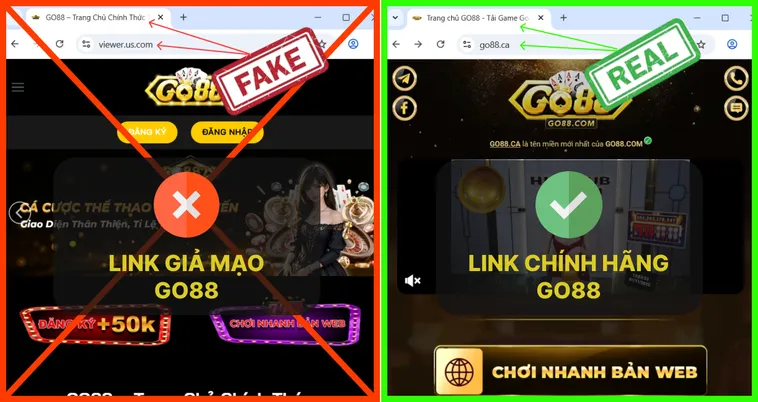 Làm Sao Để Biết Đâu Là Website Go88 Chính Hãng Hay Chỉ Là Trò Bịp 3 Logo trên trang chủ Go88.com thật rõ ràng, font chữ đồng bộ, trong khi logo giả của Go88.com mờ hoặc lệch màu.